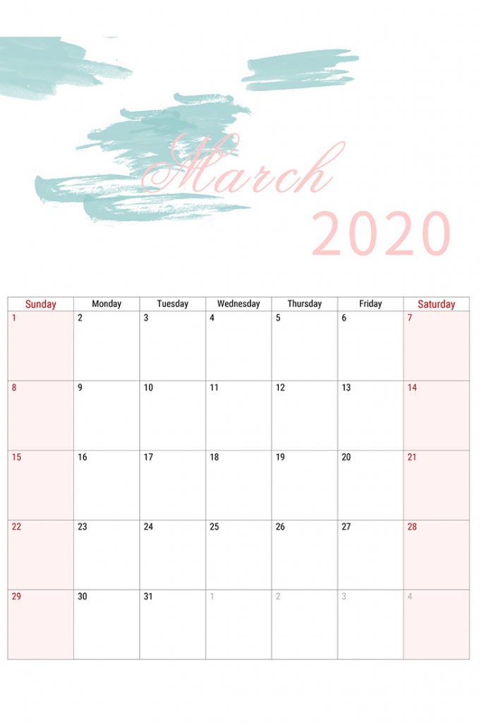 March 2020 calendar printable