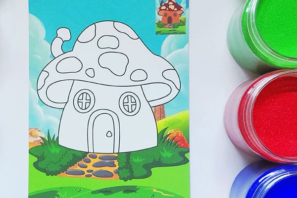 coloring cute mushroom house sand painting