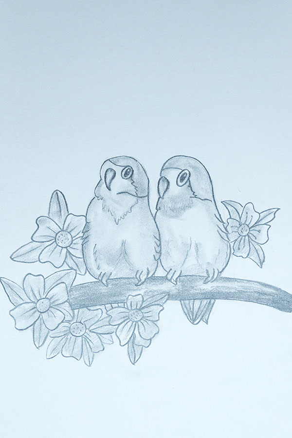 two parrots on the tree drawing 